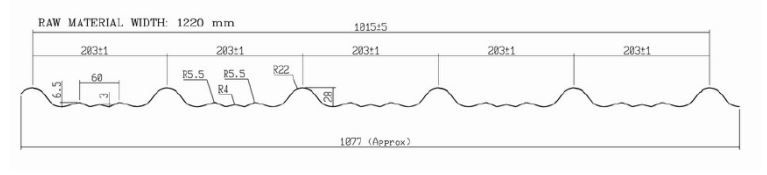 Technical drawing of the stepped tile profile with dimensions